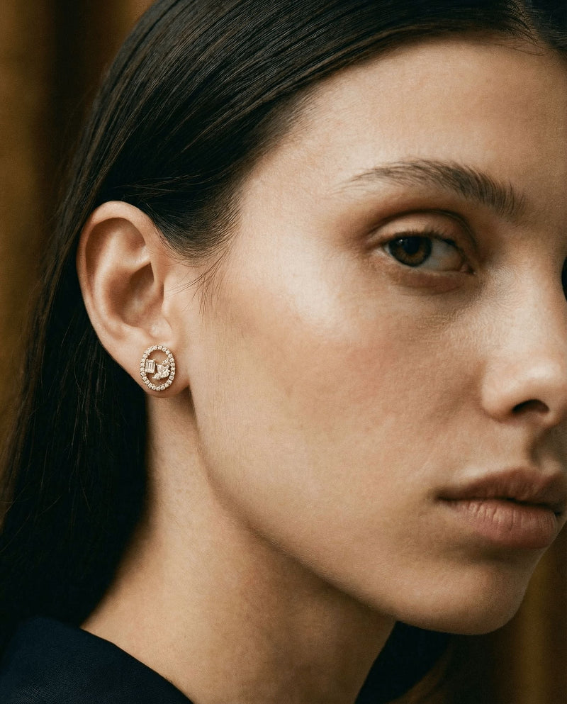 Floating Multi Shape Halo Stud Earrings - 18K Gold | VS Clarity - Image 3