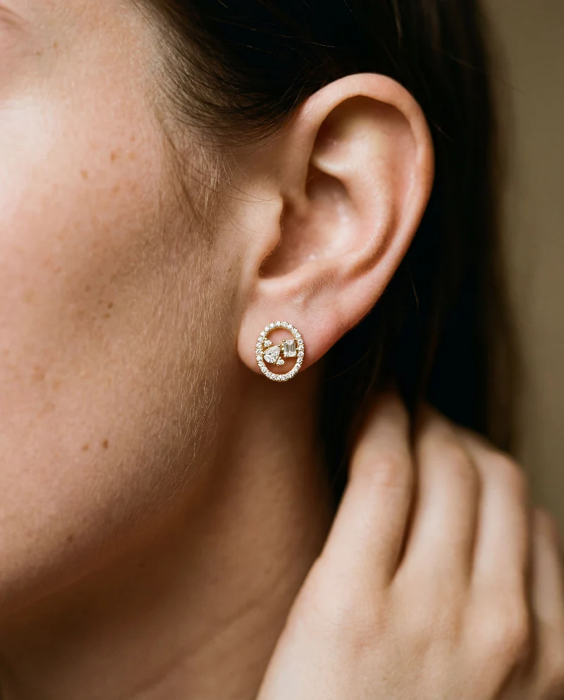 Floating Multi Shape Halo Stud Earrings - 18K Gold | VS Clarity - Image 5