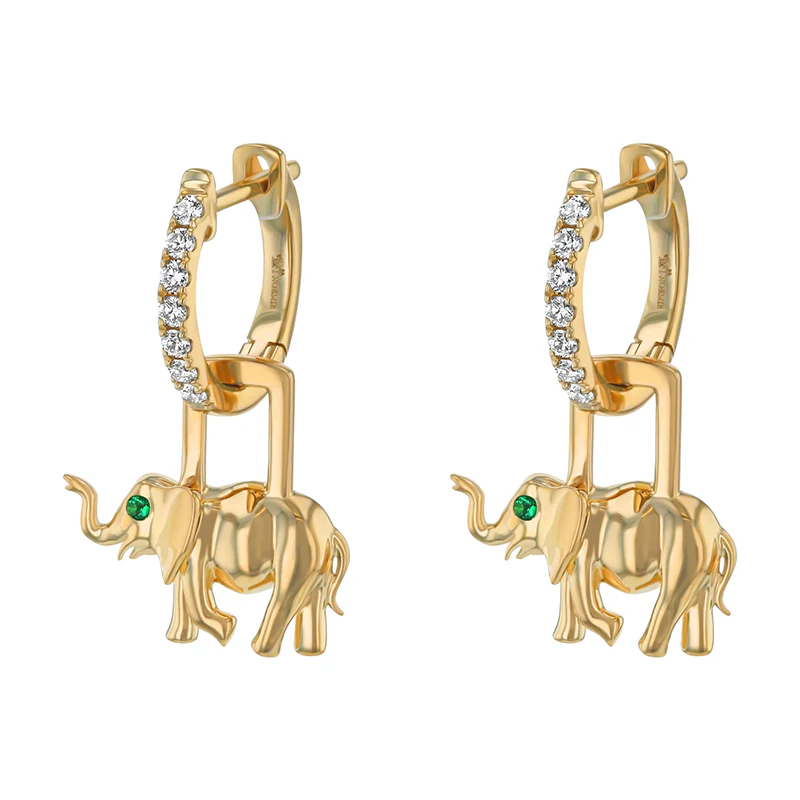 Diamond Huggies with Emerald Elephant - 18K Gold | VS Clarity Natural Diamonds - Image 4