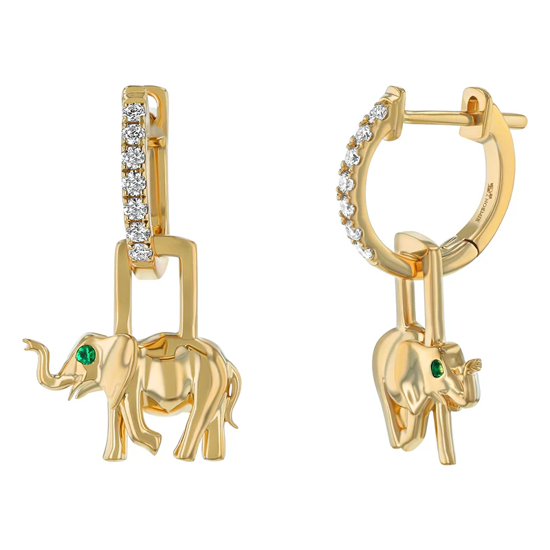 Diamond Huggies with Emerald Elephant - 18K Gold | VS Clarity Natural Diamonds - Image 3