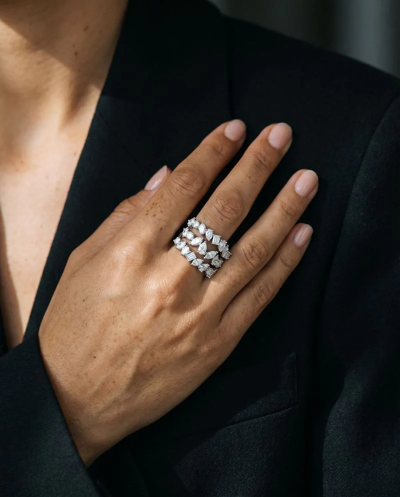 Triple Row Multi Shape Diamonds Ring - 18K Gold | VS Clarity Natural Diamonds